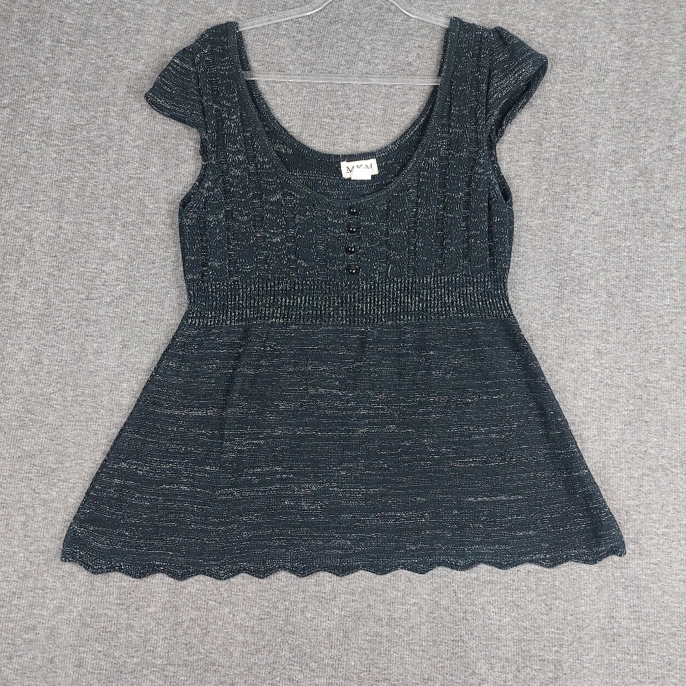 MKM DESIGNS WOMENS Y2K BLACK METALLIC CABLE KNIT BABYDOLL SHORT SLEEVE TOP SZ XL